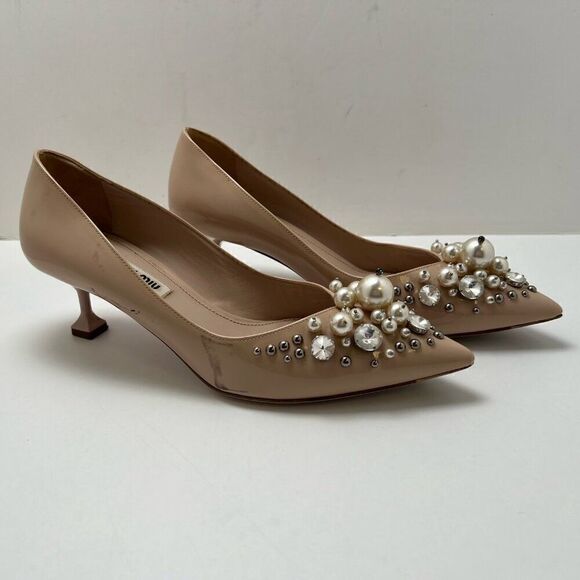 Miu Miu Embellished Patent Leather Tan Pumps Pedestal Kitten Heel Beige Sz 36.5 - Picture 2 of 13